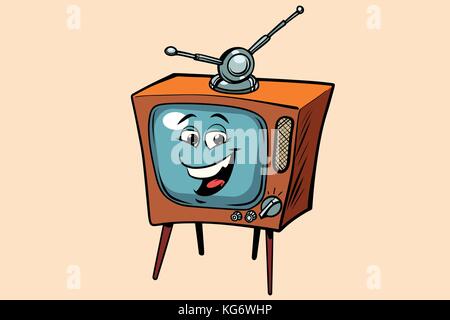 retro TV cute smiley face character. Comic book cartoon pop art illustration retro vector Stock Vector