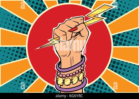 Girl power lightning in the fist. Caucasian woman. Pop art retro vector illustration Stock Vector