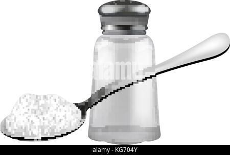 Realistic 3d salt shaker and spoon with salt. Isolated on white background. Glass jar for spices. Ingredients for cooking concept. Vector illustration Stock Vector