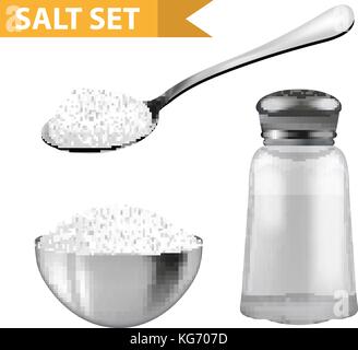 Realistic 3d set with  salt shaker,  spoon of salt,  steel bowl. Isolated on white background. Glass jar for spices. Ingredients for cooking concept.  Stock Vector