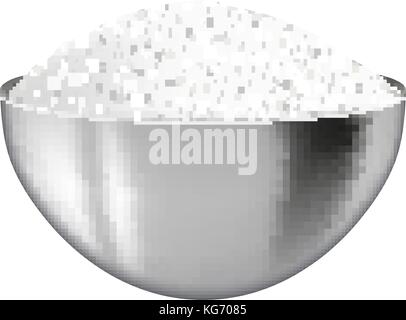 Realistic 3D steel bowl with salt. Iron deep plate with flour or sugar. Isolated on white background. Ingredient for cooking. Vector illustration Stock Vector