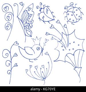 Blue insects doodles. Isolated on white. Vector Stock Vector