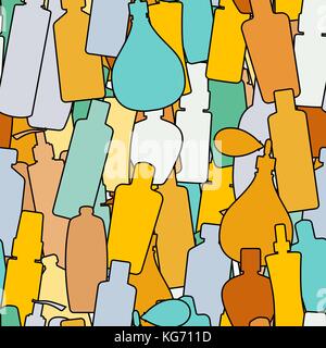 Seamless vector pattern with doodles-style bottles illustration. Stock Vector