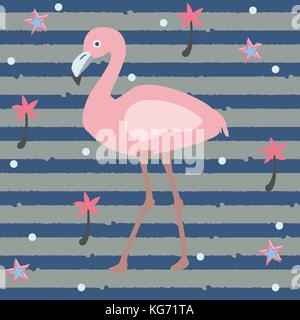 Cute Pink Flamingo with Palms and Stars on a Blue Background with Stripes. Summer Collection. Vector Illustration. Stock Vector