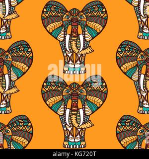 African seamless pattern with elephants on orange  background and seamless pattern in swatch menu, vector illustration Stock Vector