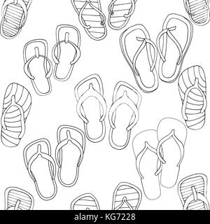 Seamless of summer flip-flops. Black outline sketch on white background Stock Vector