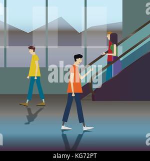 People Passengers Airport Hall Departure Terminal or Shopping Mall Interior Moving Staircase Flat Vector Illustration Stock Vector