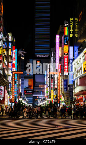 Godzilla Road in Kabukicho, the entertainment district of Shinjuku in Tokyo, with the head of the famous monster Stock Photo