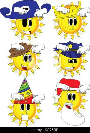 Cartoon sun scratching his head with two hands. Collection with costume. Expressions vector set. Stock Vector