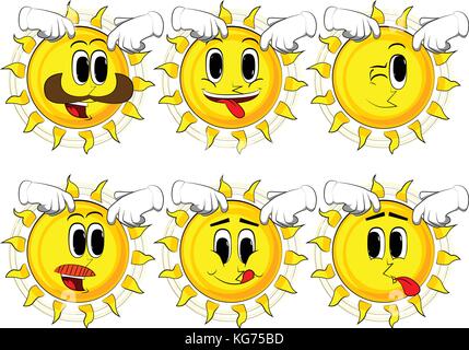 Cartoon sun scratching his head with two hands. Collection with happy faces. Expressions vector set. Stock Vector