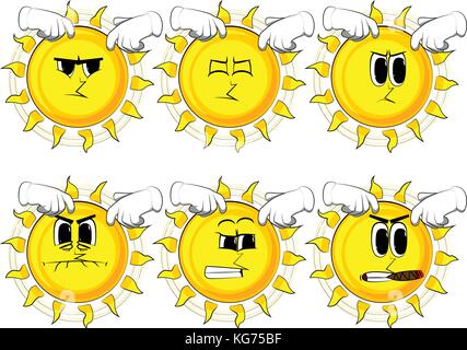Cartoon sun scratching his head with two hands. Collection with angry faces. Expressions vector set. Stock Vector