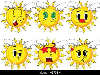 Cartoon sun scratching his head with two hands. Collection with various facial expressions. Vector set. Stock Vector