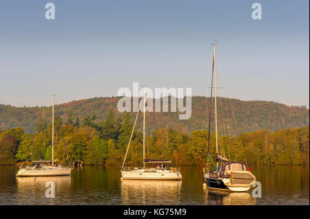 Yachts catch the early morning sun on a very still Lake Windermere in the Lake District National Park in Cumbria Stock Photo