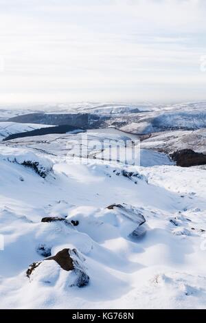 Snow covered countryside in winter with Kinder Reservoir viewed from Kinder Scout, Derbyshire, UK Stock Photo
