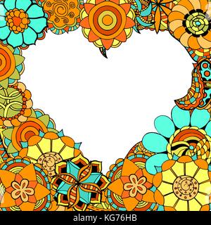Frame from abstract flowers in the shape of heart. Doodle background. Vector illustration Stock Vector