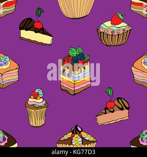 Seamless pattern set of different kinds of pastries, cakes and desserts with cream, berries and fruit. hand drawn vector illustration Stock Vector