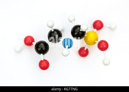 Plastic ball-and-stick model of the systemic herbicide glyphosate (chemical formula: C3H8NO5P) on a white background. Stock Photo