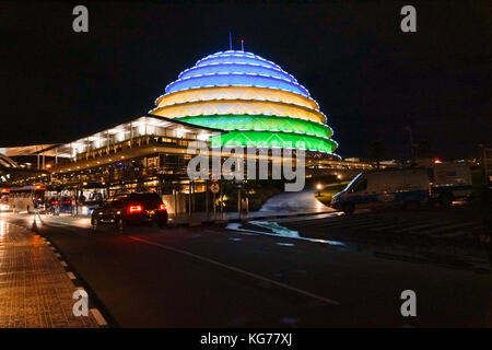 A view of the Kigali Convention Centre (KCC) at night. The conference hall is part of a drive by Rwanda to attract business travel for economic growth. Stock Photo