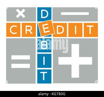 concept of calculation debit and credit,  balance sheet, accounting in the form of crossword calculation. Icon, silhouette in the linear style Stock Vector