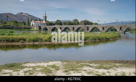 Roman bridge crossing the Rio Lima in Ponte de Lima; Camino de Santiago; Portugal Stock Photo