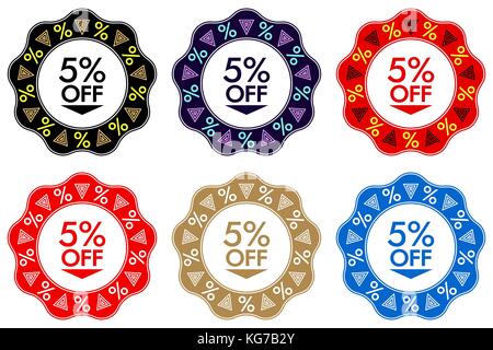 5% Off Discount Sticker. Set of Banner or Sticker Design with 5% Off Sale in Black, Dark-blue, Red, Golden and Blue color. Bright Design for Sales and Stock Vector