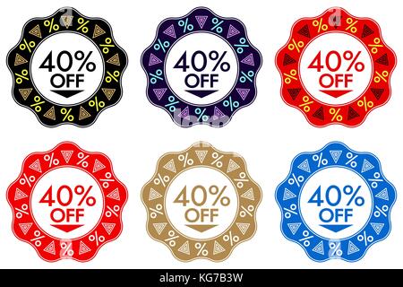 40% Off Discount Sticker. Set of Banner or Sticker Design with 40% Off Sale in Black, Dark-blue, Red, Golden and Blue color. Bright Design for Sales a Stock Vector
