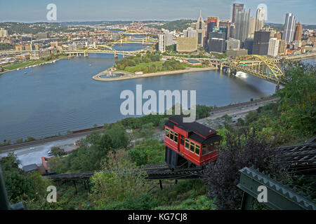 The downtown skyline of Pittsburgh, Pennsylvania as seen from Mount Washington on the city's South Side. A red funicular is in the foreground. Stock Photo