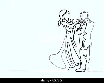 Continuous line drawing. Loving couple bride and groom on white background. Vector illustration Stock Vector