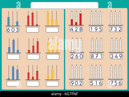 Abacus for Numbers up to 999, math worksheet for kids Stock Vector
