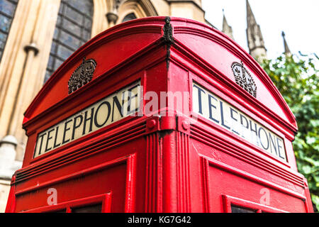 Top of a traditional red telephone booth, Central London, England, UK. Stock Photo