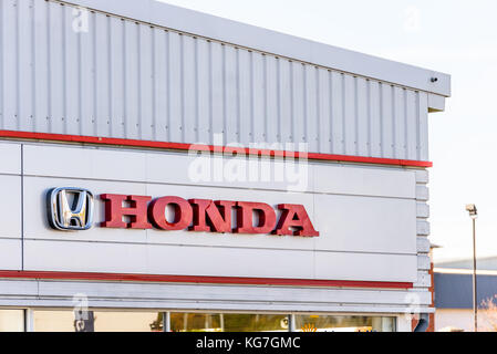 Northampton, UK - Oct 25, 2017: Day view of Honda logo at Riverside Retail Park. Stock Photo