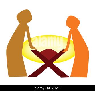 The birth of Jesus with Mary and Joseph standing over the crib in the manger Stock Vector