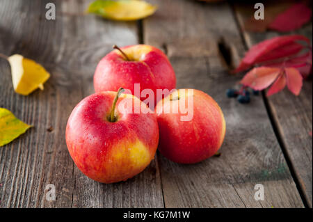 Close up fresh Ripe organic red apples with water drops on the rustic wooden table. Space for text. Selective focus. Autumn harvest concept. Vegetaria Stock Photo