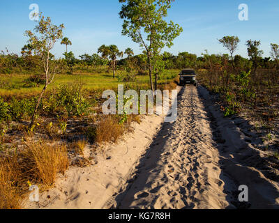 Sandy road crossing the remote Jalapão National Park, Tocantins estate, Brazil Stock Photo