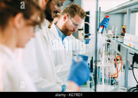 Group of chemistry students working in laboratory Stock Photo