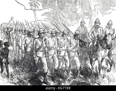 British Army marching On the road to Kumasi, Third Anglo-Ashanti War, First Ashanti Expedition, 1873-1874 Stock Photo