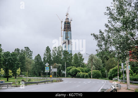 SAINT PETERSBURG. RUSSIA - JULY 01 2017. First Sant-Petrsburg skycraper in Lakhta (Gazprom headquarters) under construction. Side view from Lakhta, ra Stock Photo