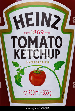 LONDON, UK - NOVEMBER 03, 2017: Label of Heinz Ketchup on white background. Stock Photo