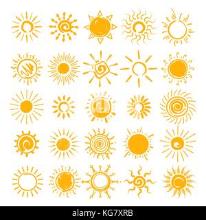 Sun illustration. Vector hands drawn sun icons, doodle cartoon morning summer sketch suns isolated on white background Stock Vector