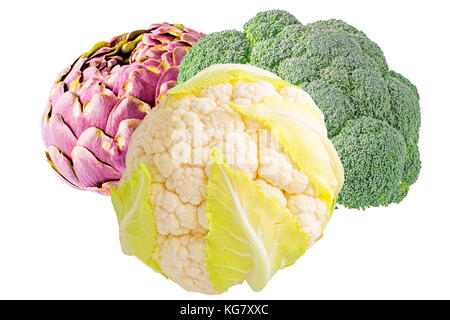 Isolated vegetables. fresh artichoke, cauliflower and broccoli isolated on white background for package design. Stock Photo