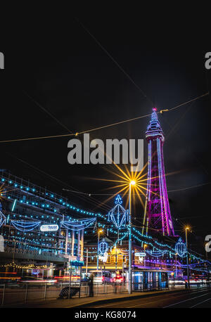 Blackpool Tower and promenade during the Blackpool Illuminations Stock Photo