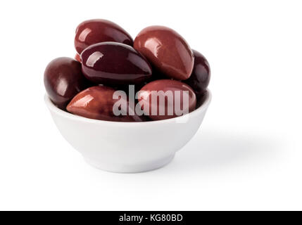 Bowl of marinated kalamata olives , isolated on white. with clipping path Stock Photo