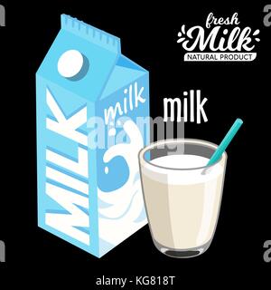 milk pack and glass of milkmilk pack and glass of milk icon flat style. Isolated on black background. Vector illustration Stock Vector