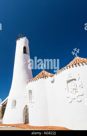Colourful Detail of Side, Exterior, and Bell Tower on the Stella Maris Church. Porto Cervo, Costa Smerelda, Sardinia, Italy Stock Photo
