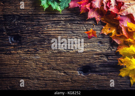 Autumn Leaves. Autumn colorful leaves on rustic wooden table. Stock Photo