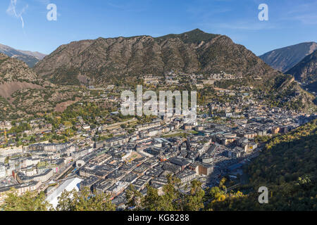 ANDORRA LA VELLA, ANDORRA - OCTOBER 28, 2017: Aerial view of Andorra la Vella, the capital of the Principality of Andorra Stock Photo