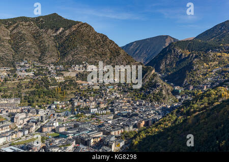 ANDORRA LA VELLA, ANDORRA - OCTOBER 28, 2017: Aerial view of Andorra la Vella, the capital of the Principality of Andorra Stock Photo