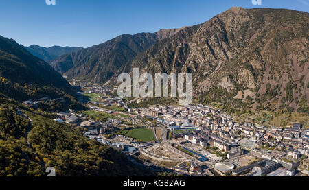 ANDORRA LA VELLA, ANDORRA - OCTOBER 28, 2017: Aerial view of Andorra la Vella, the capital of the Principality of Andorra Stock Photo