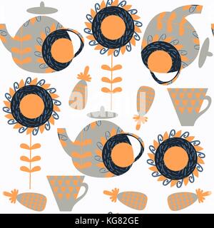 Tea pot seamless pattern, vector image. It is located in swatch menu Stock Vector