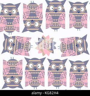 Abstract cartoon nature fantasy owls seamless pattern. It is located in swatch menu, vector image. Adorable background. Cute illustration Stock Vector